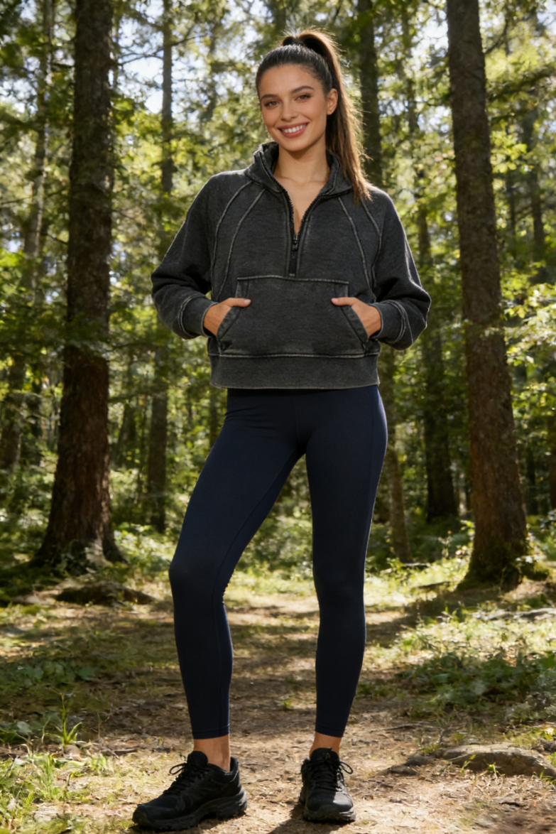 Vintage-Wash Cadet Quarter-Zip | Cropped Fleece Pullover-W-07-026-011 Washed Black
