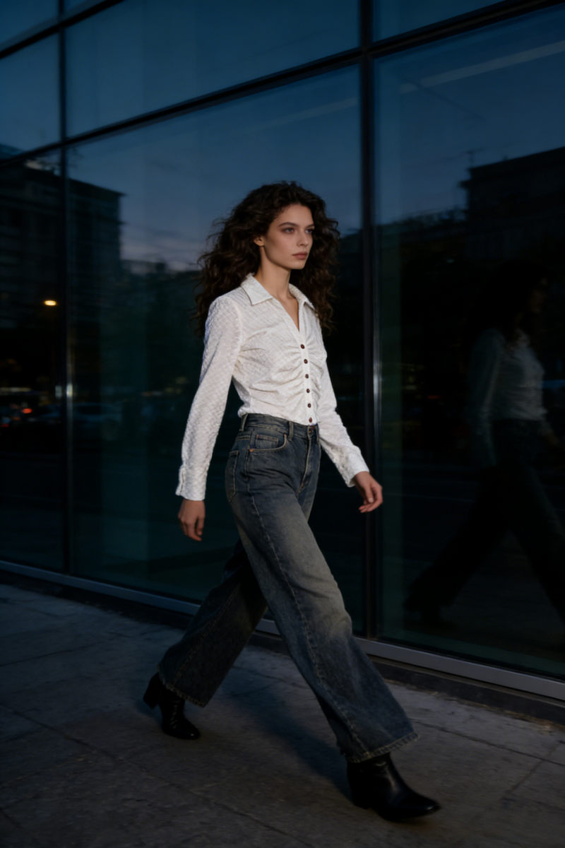 Camisa de terciopelo elástico texturizado con botones | Cuello femenino | W-08-001-020 Blanco