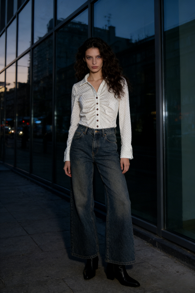 Camisa de terciopelo elástico texturizado con botones | Cuello femenino | W-08-001-020 Blanco