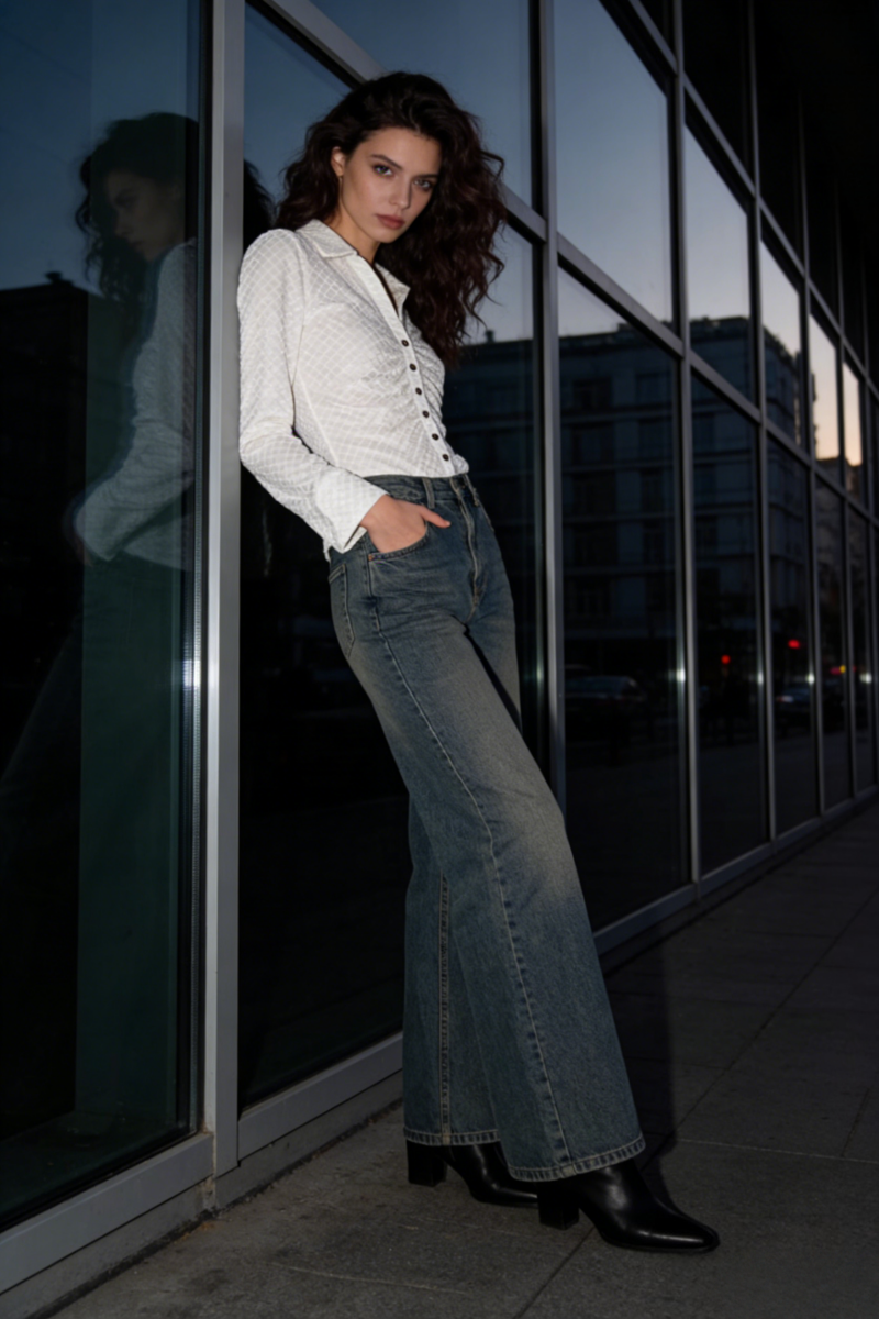 Camisa de terciopelo elástico texturizado con botones | Cuello femenino | W-08-001-020 Blanco