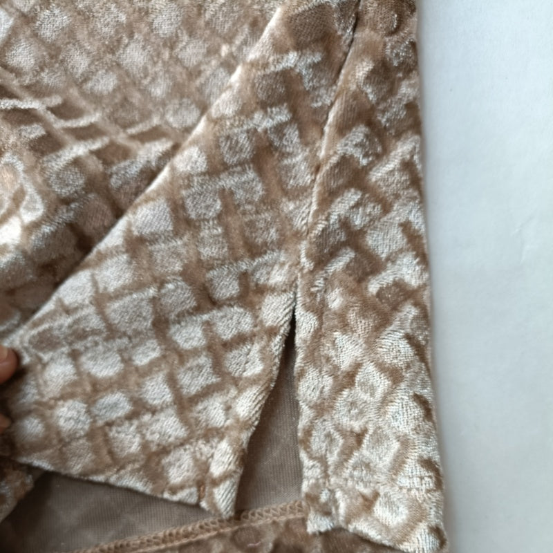 Textured Stretchy Velvet Cinched Buttoned-up  Shirt|Feminine Collar | W-08-001-075 Sand