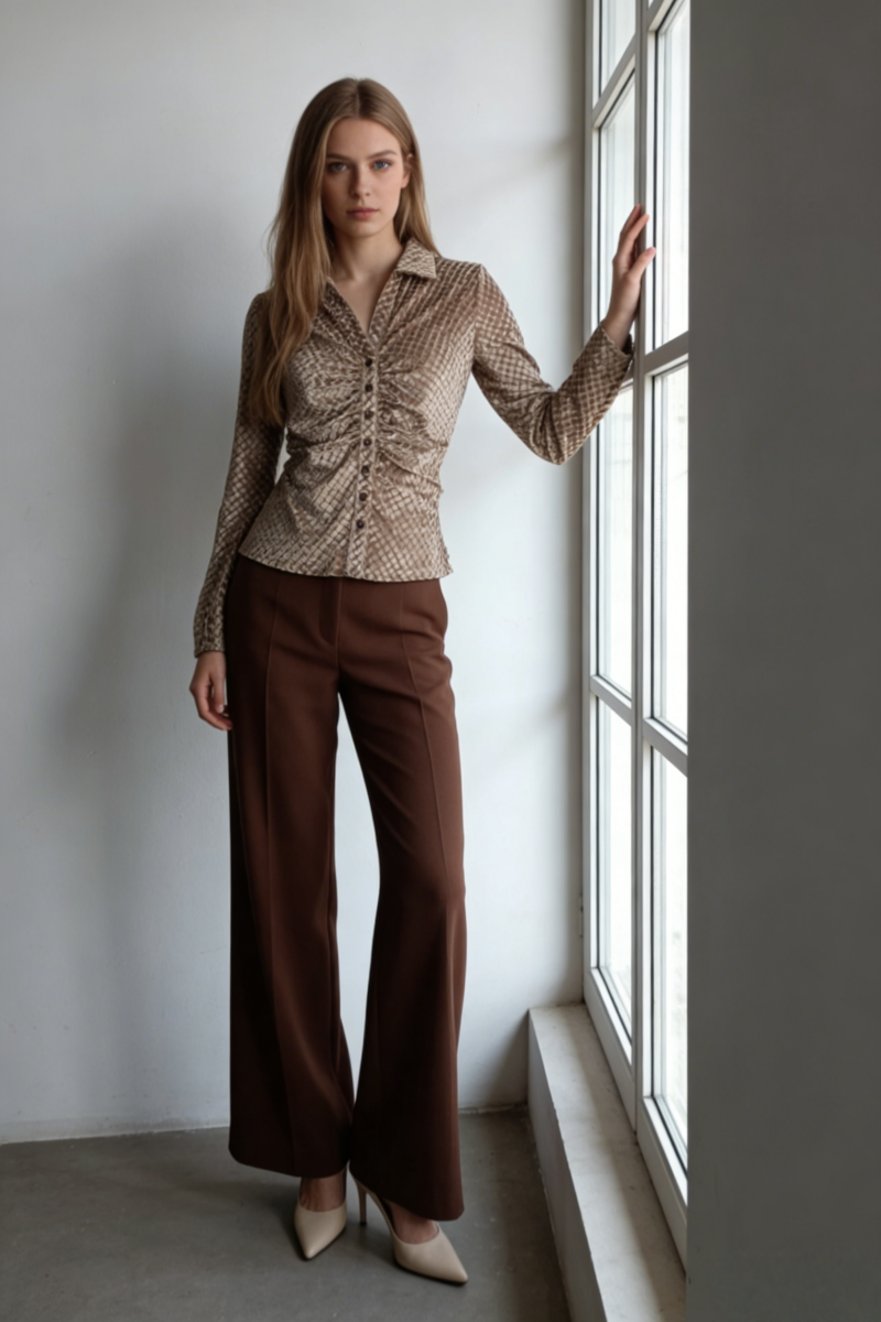 Textured Stretchy Velvet Cinched Buttoned-up  Shirt|Feminine Collar | W-08-001-075 Sand