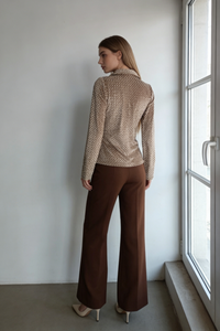 Textured Stretchy Velvet Cinched Buttoned-up  Shirt|Feminine Collar | W-08-001-075 Sand