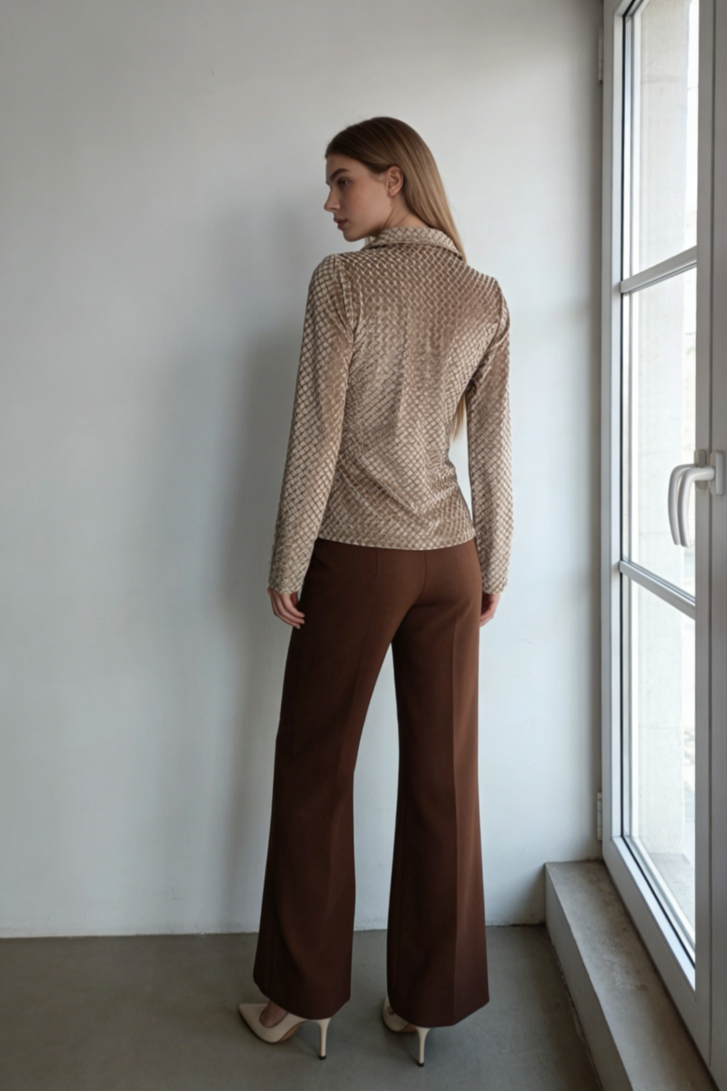 Textured Stretchy Velvet Cinched Buttoned-up  Shirt|Feminine Collar | W-08-001-075 Sand