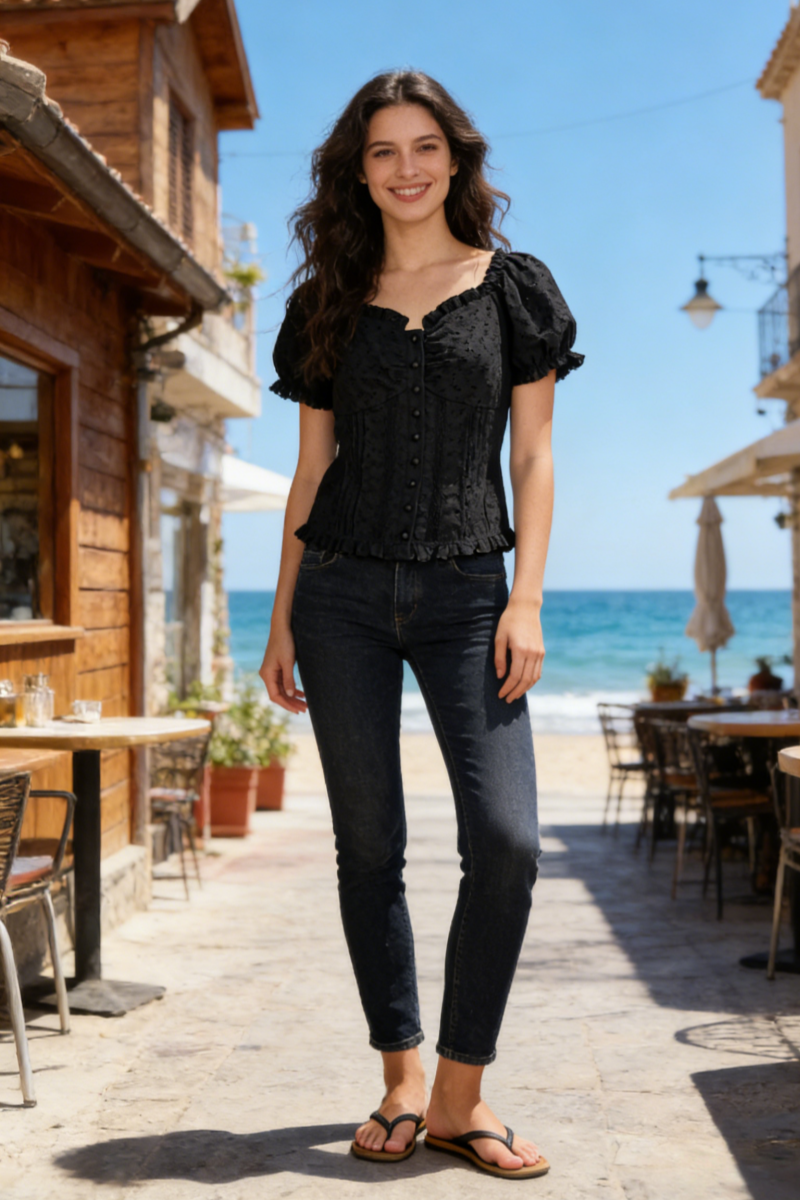 Timeless Embroidered Eyelet Cotton Corset-Body Blouse With Ruffled Neckline-U-08-002 White,Black