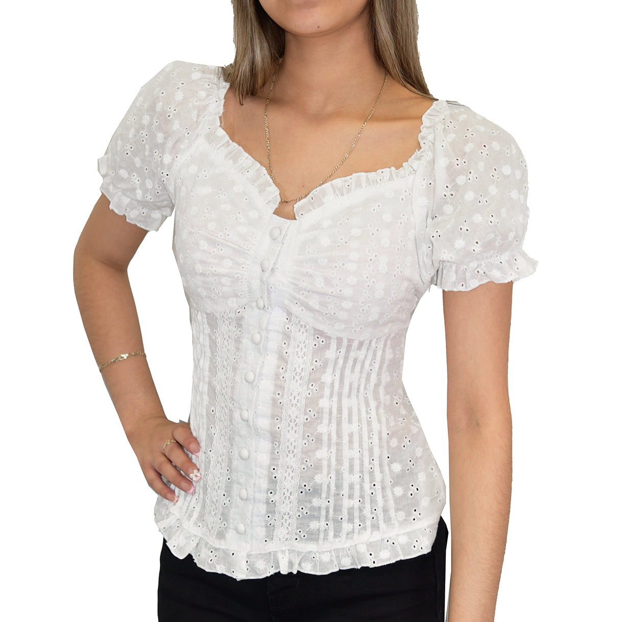 Blusa de algodón con ojales bordados atemporales y cuerpo tipo corsé con volantes en el escote - W-08-002 Blanco