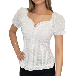 Blusa de algodón con ojales bordados atemporales y cuerpo tipo corsé con volantes en el escote - W-08-002 Blanco