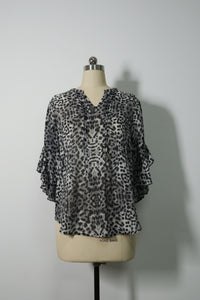Pintuck & Ruffle Sheer Chiffon Blouse | Allover Graphic Print-W-08-003-075 Black Print