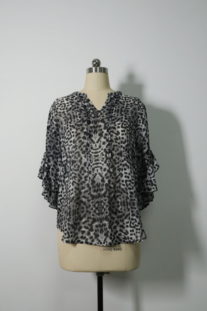 Pintuck & Ruffle Sheer Chiffon Blouse | Allover Graphic Print-W-08-003-075 Black Print