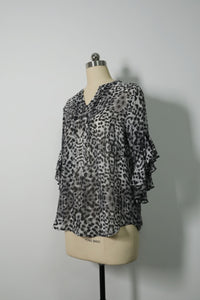 Pintuck & Ruffle Sheer Chiffon Blouse | Allover Graphic Print-W-08-003-075 Black Print
