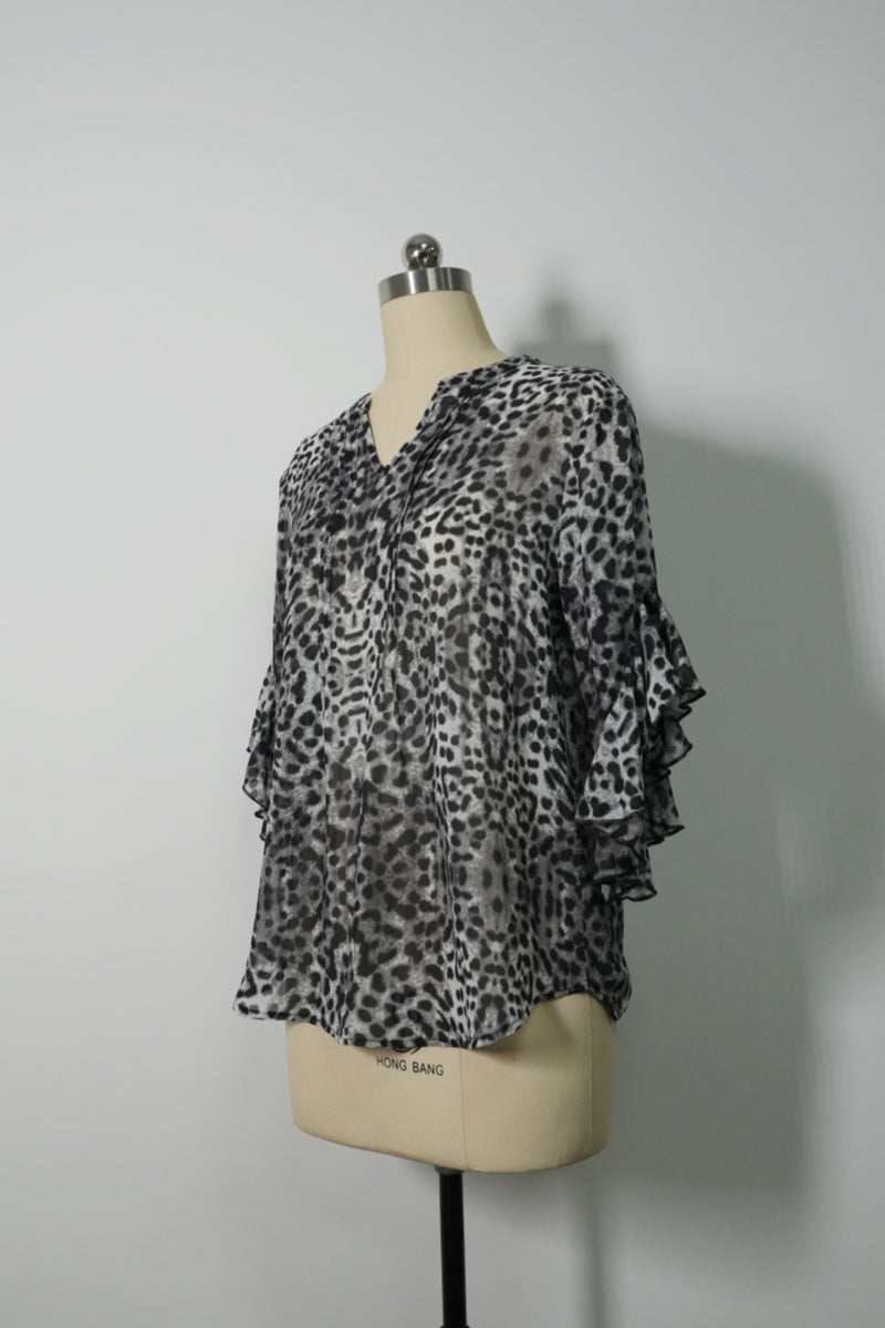 Pintuck & Ruffle Sheer Chiffon Blouse | Allover Graphic Print-W-08-003-075 Black Print