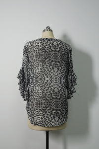 Pintuck & Ruffle Sheer Chiffon Blouse | Allover Graphic Print-W-08-003-075 Black Print