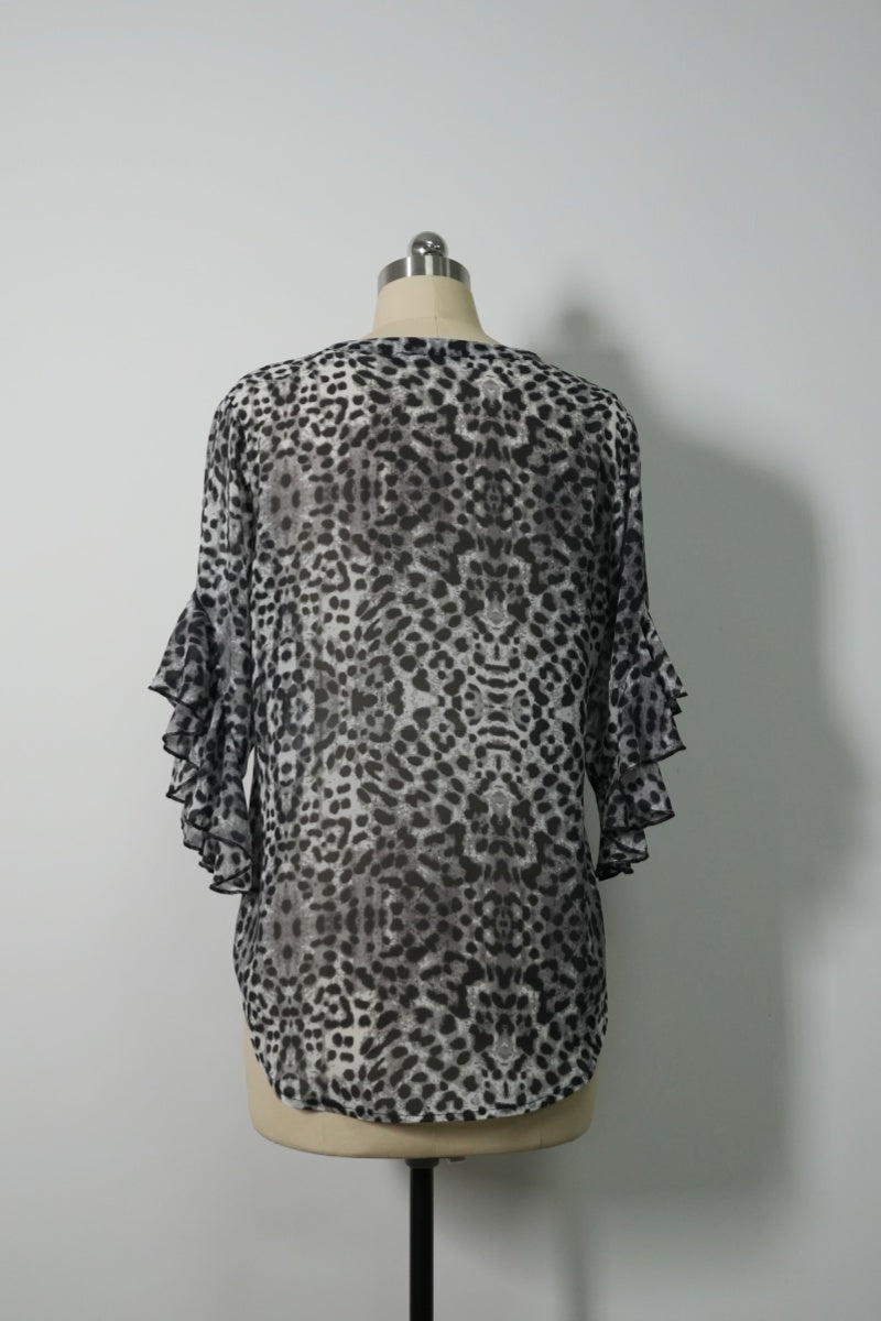 Pintuck & Ruffle Sheer Chiffon Blouse | Allover Graphic Print-W-08-003-075 Black Print