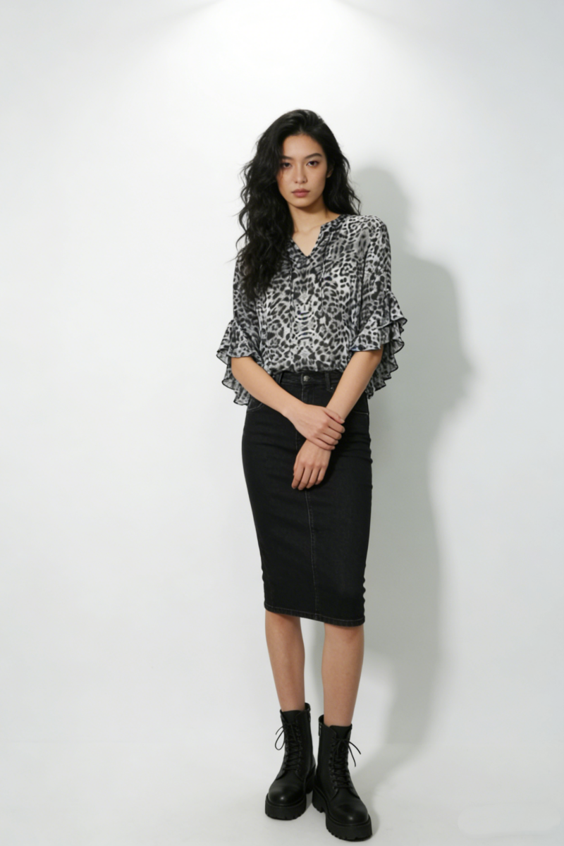 Pintuck & Ruffle Sheer Chiffon Blouse | Allover Graphic Print-W-08-003-075 Black Print