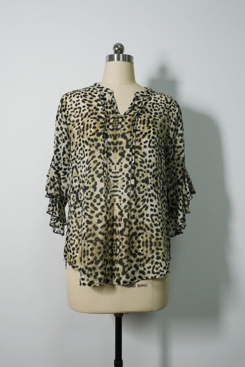 Pintuck & Ruffle Sheer Chiffon Blouse | Allover Graphic Print-W-08-003-075 Natural