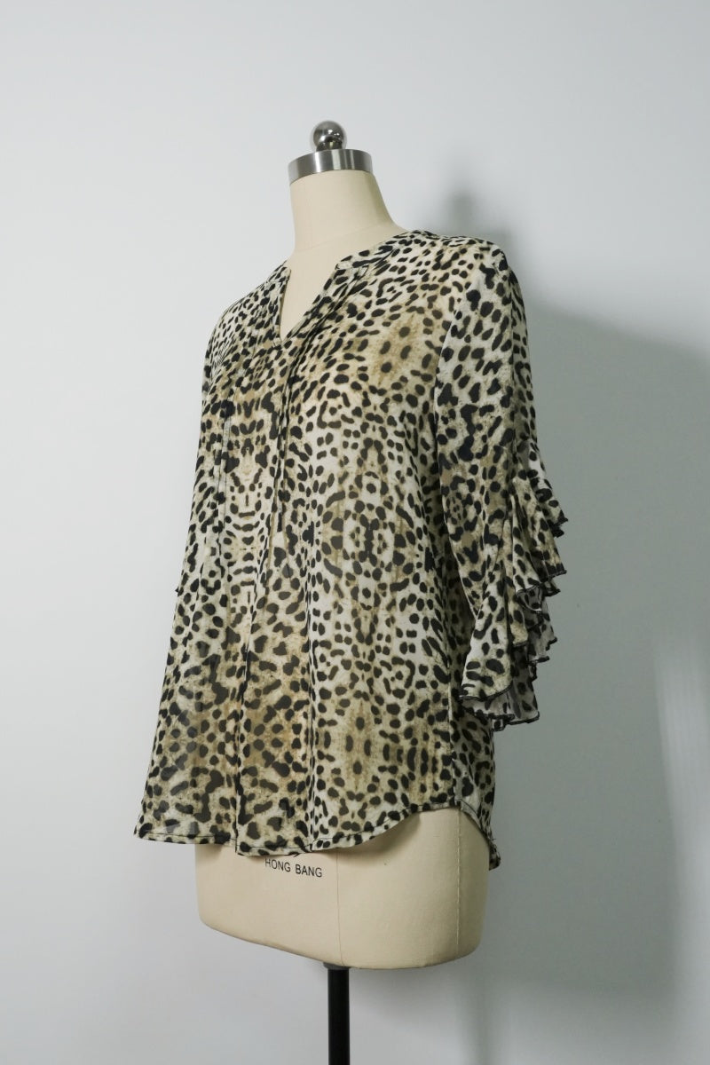 Pintuck & Ruffle Sheer Chiffon Blouse | Allover Graphic Print-W-08-003-075 Natural