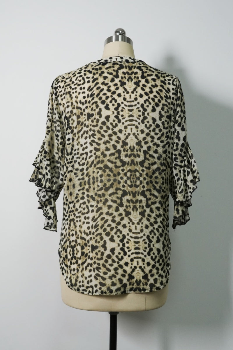 Pintuck & Ruffle Sheer Chiffon Blouse | Allover Graphic Print-W-08-003-075 Natural