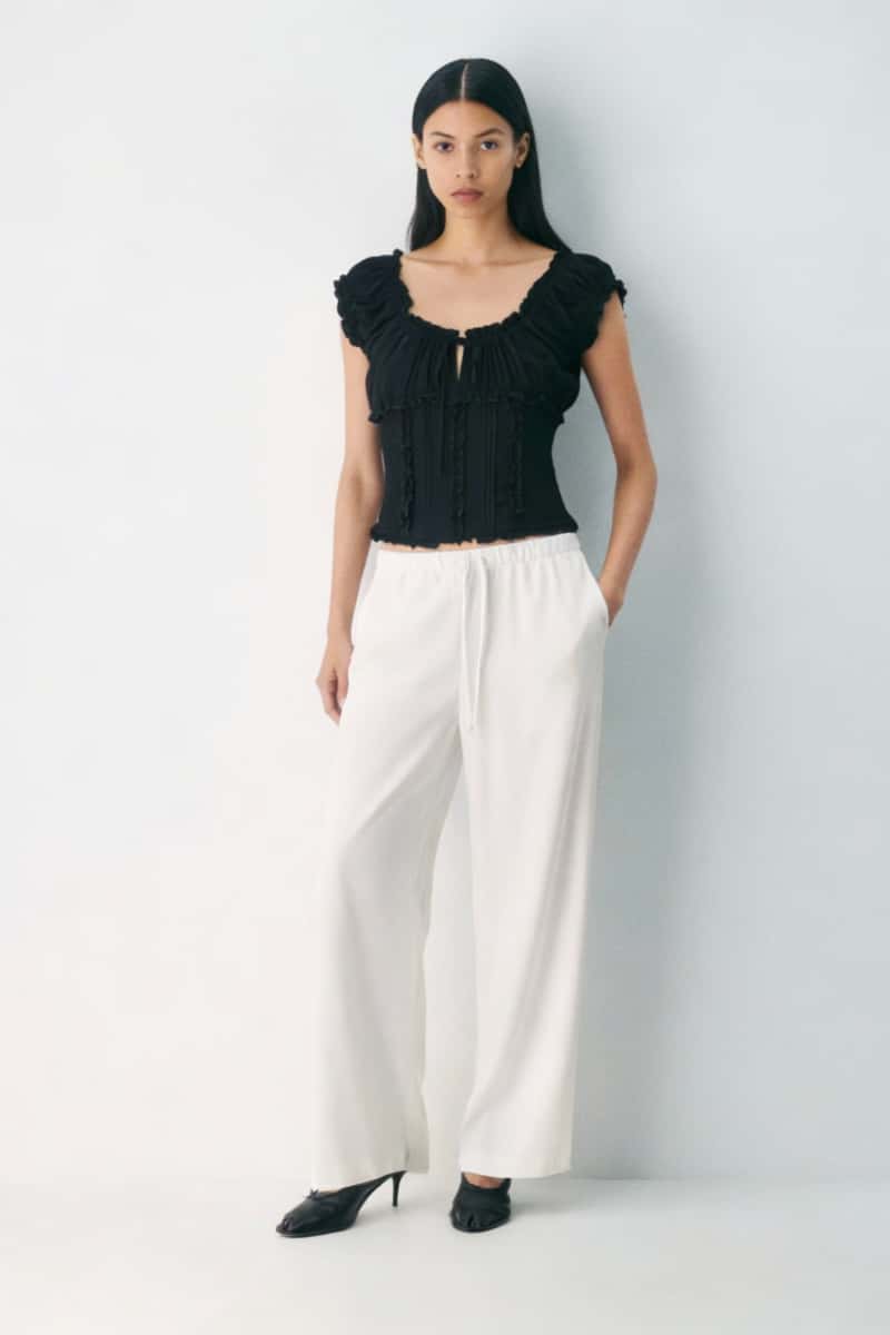 The Dual-Way Smocked Bodice Blouse With Ruffle Edges | 100% Lightweight Rayon|W-08-004-Black