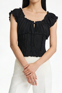 The Dual-Way Smocked Bodice Blouse With Ruffle Edges | 100% Lightweight Rayon|W-08-004-Black
