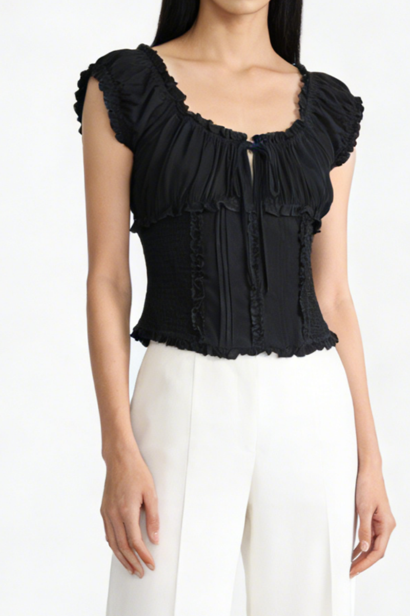The Dual-Way Smocked Bodice Blouse With Ruffle Edges | 100% Lightweight Rayon|W-08-004-Black