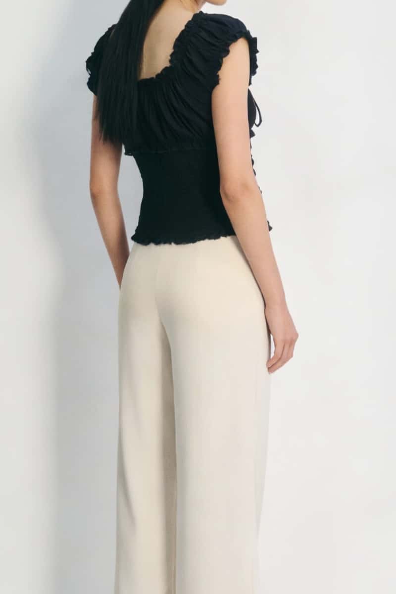 The Dual-Way Smocked Bodice Blouse With Ruffle Edges | 100% Lightweight Rayon|W-08-004-Black