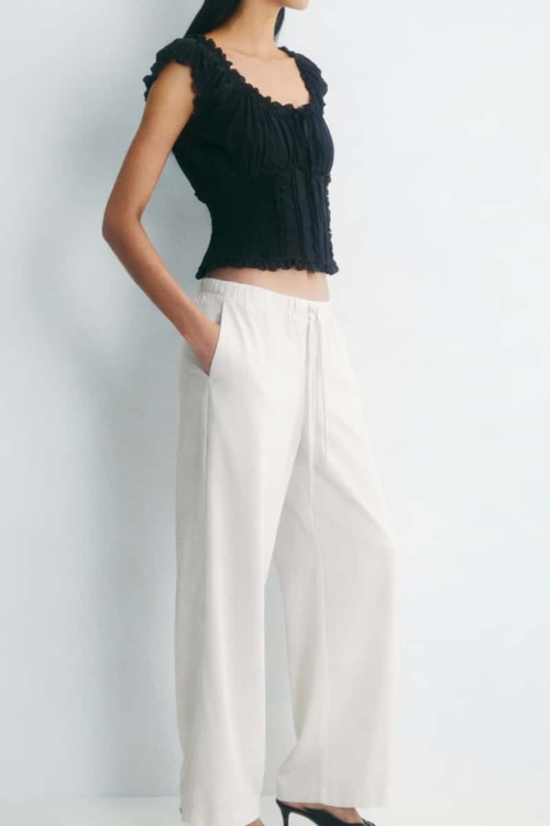 The Dual-Way Smocked Bodice Blouse With Ruffle Edges | 100% Lightweight Rayon|W-08-004-Black