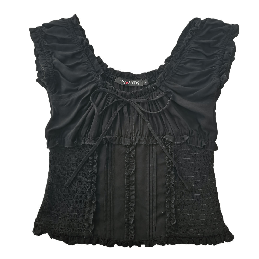 The Dual-Way Smocked Bodice Blouse With Ruffle Edges | 100% Lightweight Rayon|W-08-004-Black
