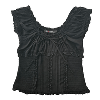 The Dual-Way Smocked Bodice Blouse With Ruffle Edges | 100% Lightweight Rayon|W-08-004-Black