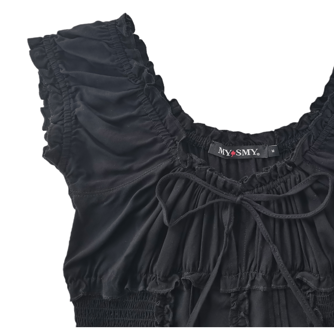 The Dual-Way Smocked Bodice Blouse With Ruffle Edges | 100% Lightweight Rayon|W-08-004-Black