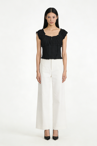 The Dual-Way Smocked Bodice Blouse With Ruffle Edges | 100% Lightweight Rayon|W-08-004-Black