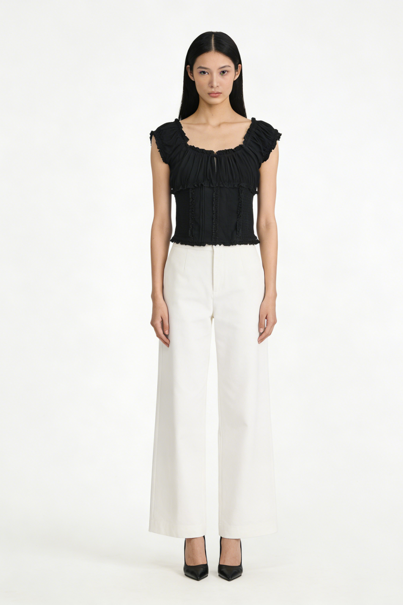 The Dual-Way Smocked Bodice Blouse With Ruffle Edges | 100% Lightweight Rayon|W-08-004-Black