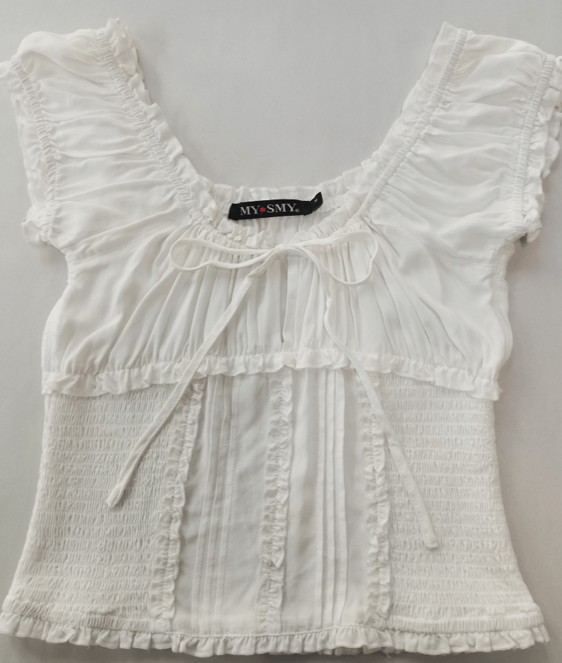 Blusa con corpiño fruncido y volantes en los bordes | 100 % rayón ligero | W-08-004-blanco