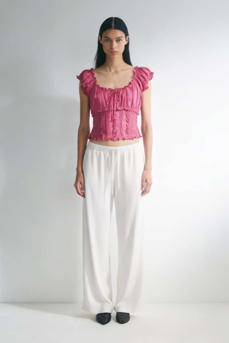 Blusa con corpiño fruncido y volantes en los bordes | 100 % rayón ligero | W-08-004-rosa desierto