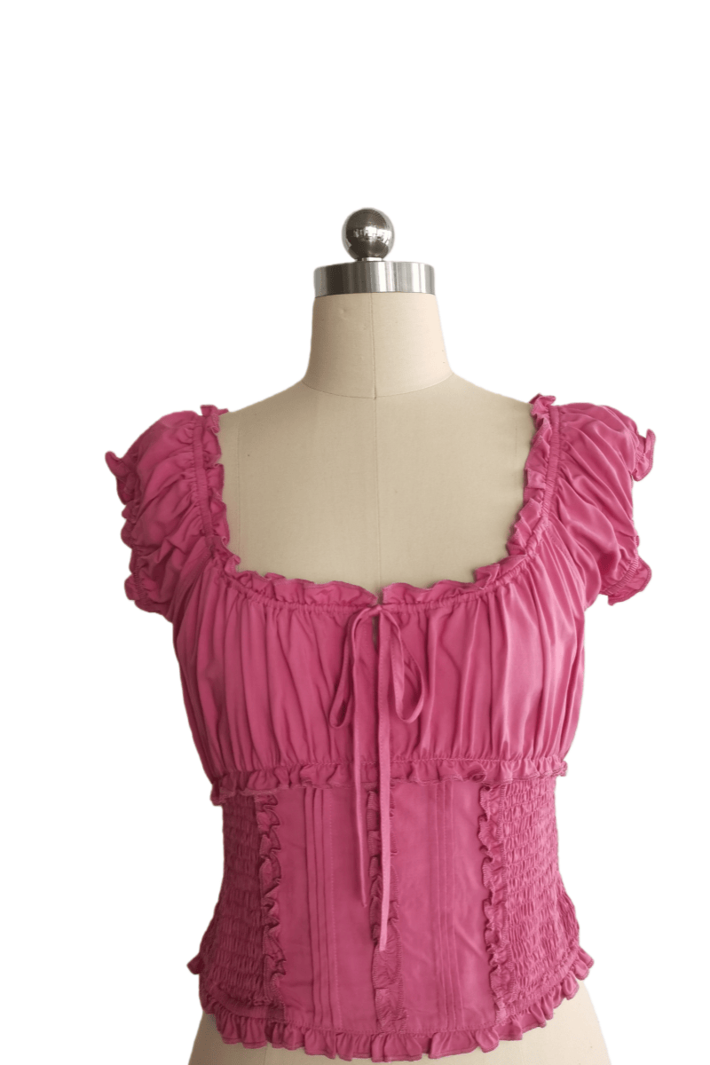 Blusa con corpiño fruncido y volantes en los bordes | 100 % rayón ligero | W-08-004-rosa desierto