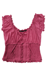 The Dual-Way Smocked Bodice Blouse With Ruffle Edges | 100% Lightweight Rayon|W-08-004-Black，Denim, White, Sand, Desert Rose Pink