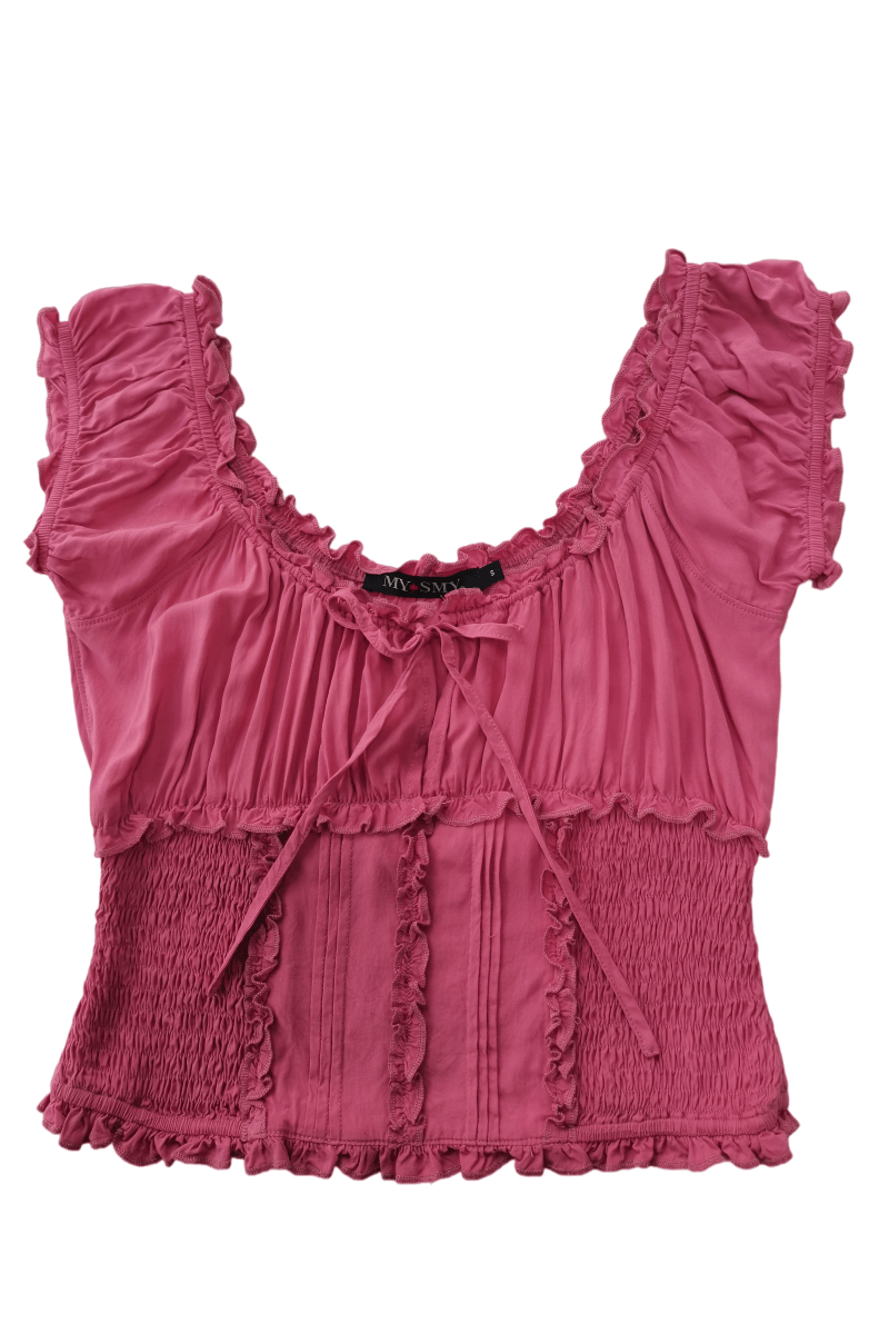 The Dual-Way Smocked Bodice Blouse With Ruffle Edges | 100% Lightweight Rayon|W-08-004-Black，Denim, White, Sand, Desert Rose Pink