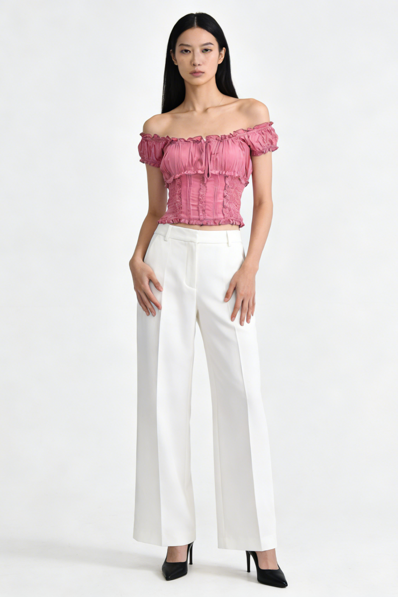 Blusa con corpiño fruncido y volantes en los bordes | 100 % rayón ligero | W-08-004-rosa desierto