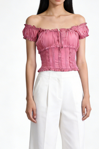 Blusa con corpiño fruncido y volantes en los bordes | 100 % rayón ligero | W-08-004-rosa desierto