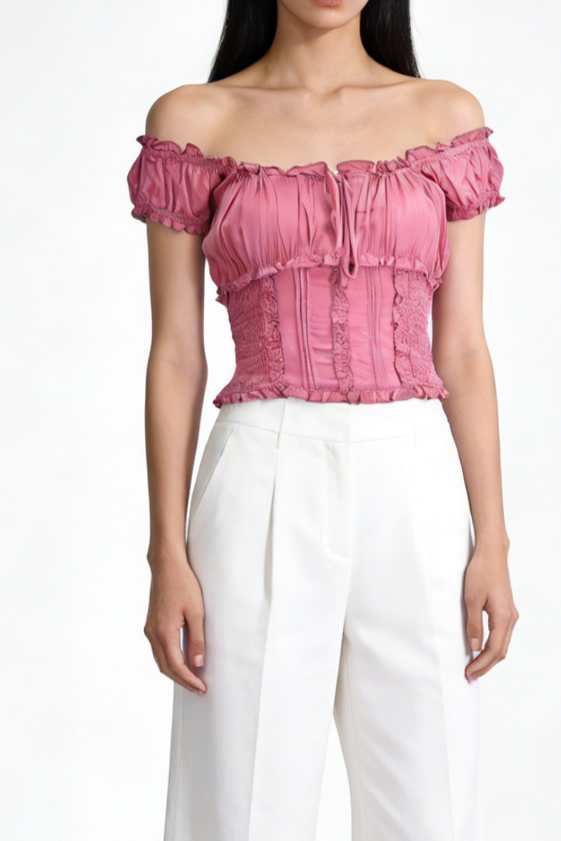 Blusa con corpiño fruncido y volantes en los bordes | 100 % rayón ligero | W-08-004-rosa desierto