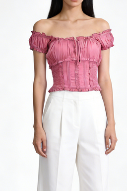 Blusa con corpiño fruncido y volantes en los bordes | 100 % rayón ligero | W-08-004-rosa desierto