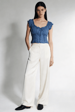 Blusa con corpiño fruncido y volantes en los bordes | 100 % rayón ligero | W-08-004-Denim