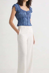 Blusa con corpiño fruncido y volantes en los bordes | 100 % rayón ligero | W-08-004-Denim