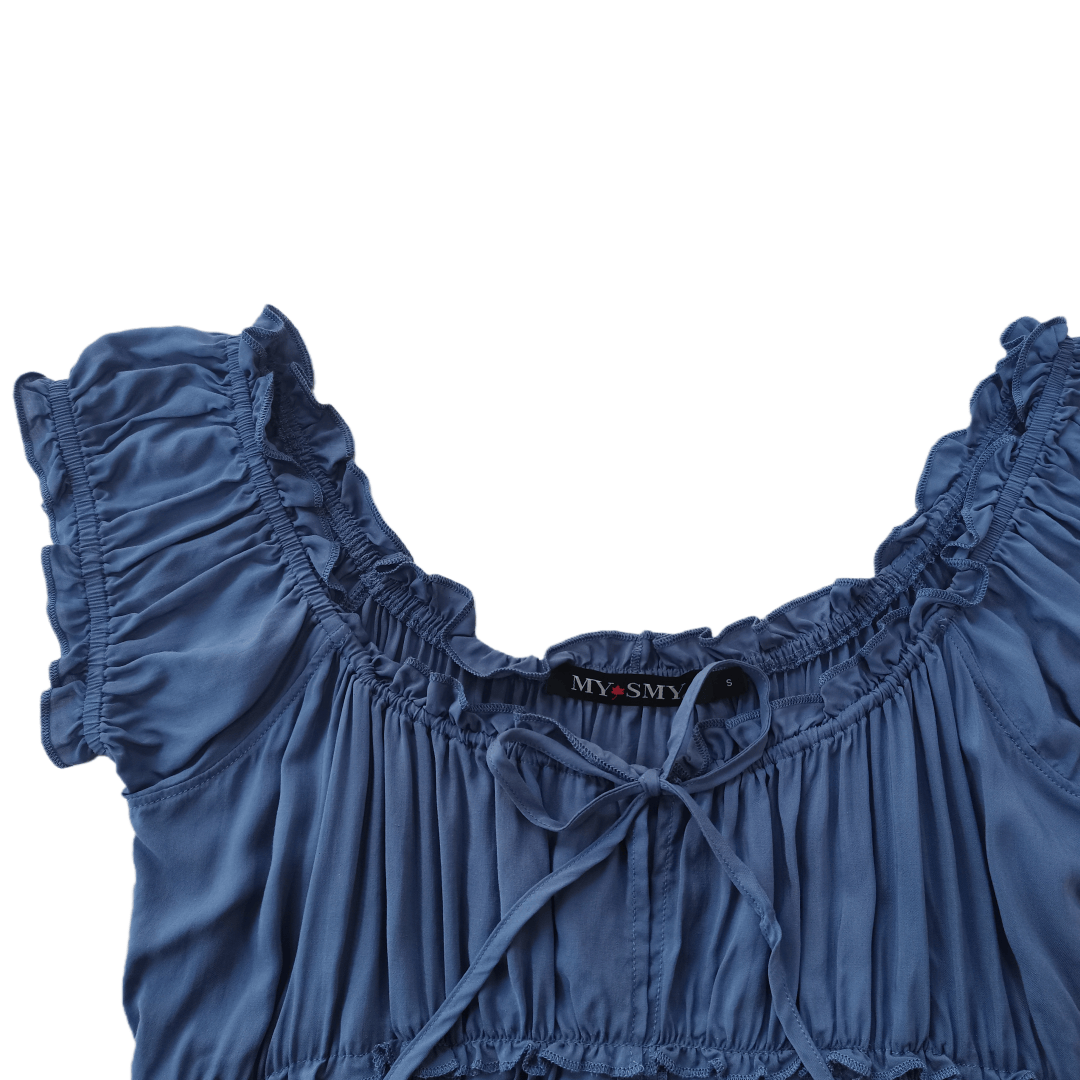 Blusa con corpiño fruncido y volantes en los bordes | 100 % rayón ligero | W-08-004-Denim