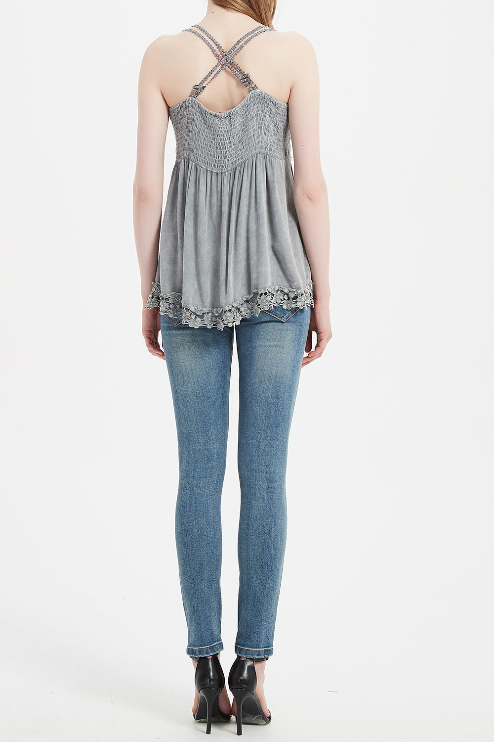 Women’s Garment Dyed Lace Trim Babydoll Cami Top – Crisscross Back Straps|W-08-005 Graphite