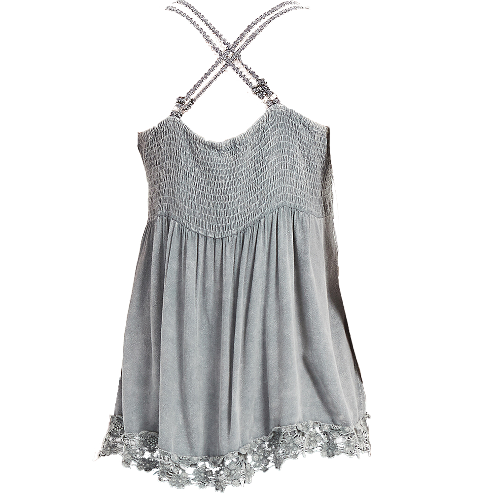 Women’s Garment Dyed Lace Trim Babydoll Cami Top – Crisscross Back Straps|W-08-005 Graphite