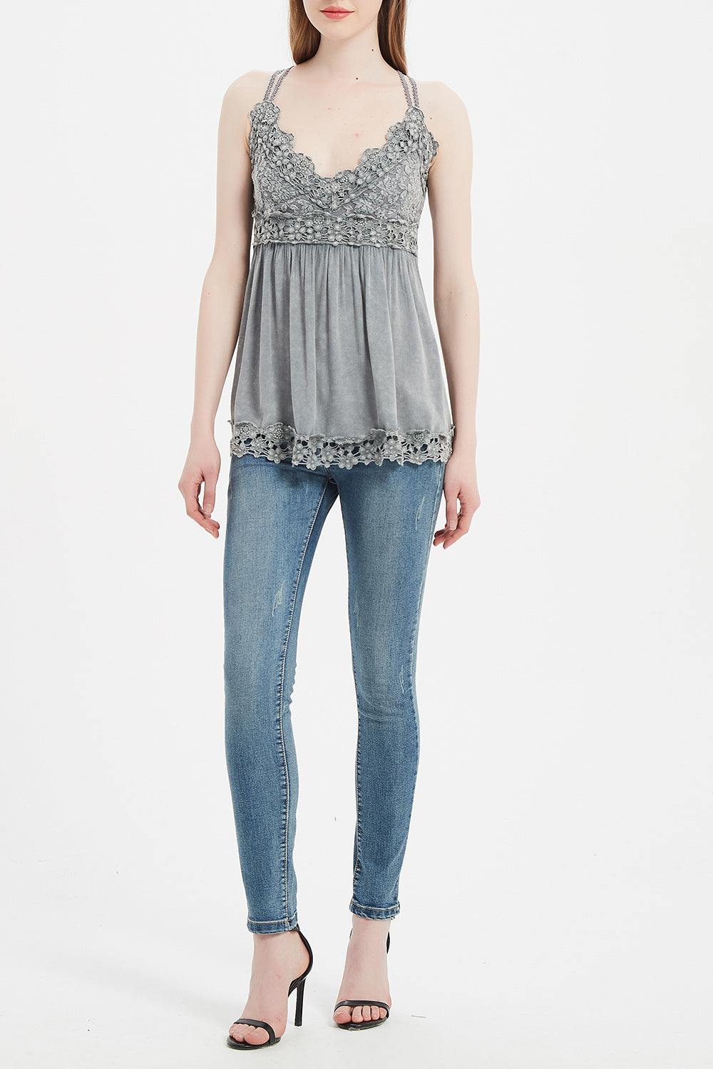 Women’s Garment Dyed Lace Trim Babydoll Cami Top – Crisscross Back Straps|W-08-005 Graphite