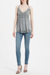 Women’s Garment Dyed Lace Trim Babydoll Cami Top – Crisscross Back Straps|W-08-005 Graphite