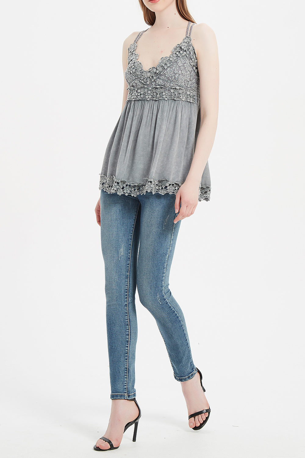 Women’s Garment Dyed Lace Trim Babydoll Cami Top – Crisscross Back Straps|W-08-005 Graphite