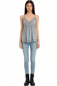 Women’s Garment Dyed Lace Trim Babydoll Cami Top – Crisscross Back Straps|W-08-005 Graphite
