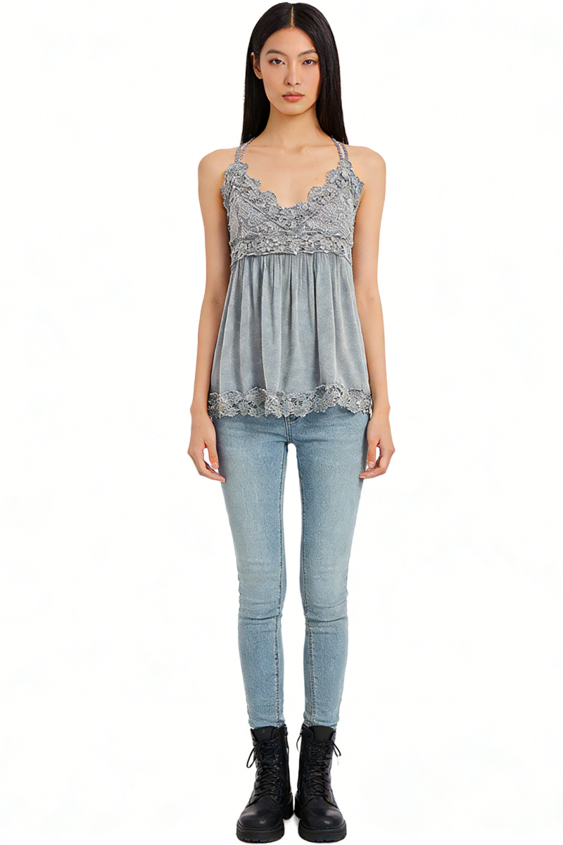 Women’s Garment Dyed Lace Trim Babydoll Cami Top – Crisscross Back Straps|W-08-005 Graphite